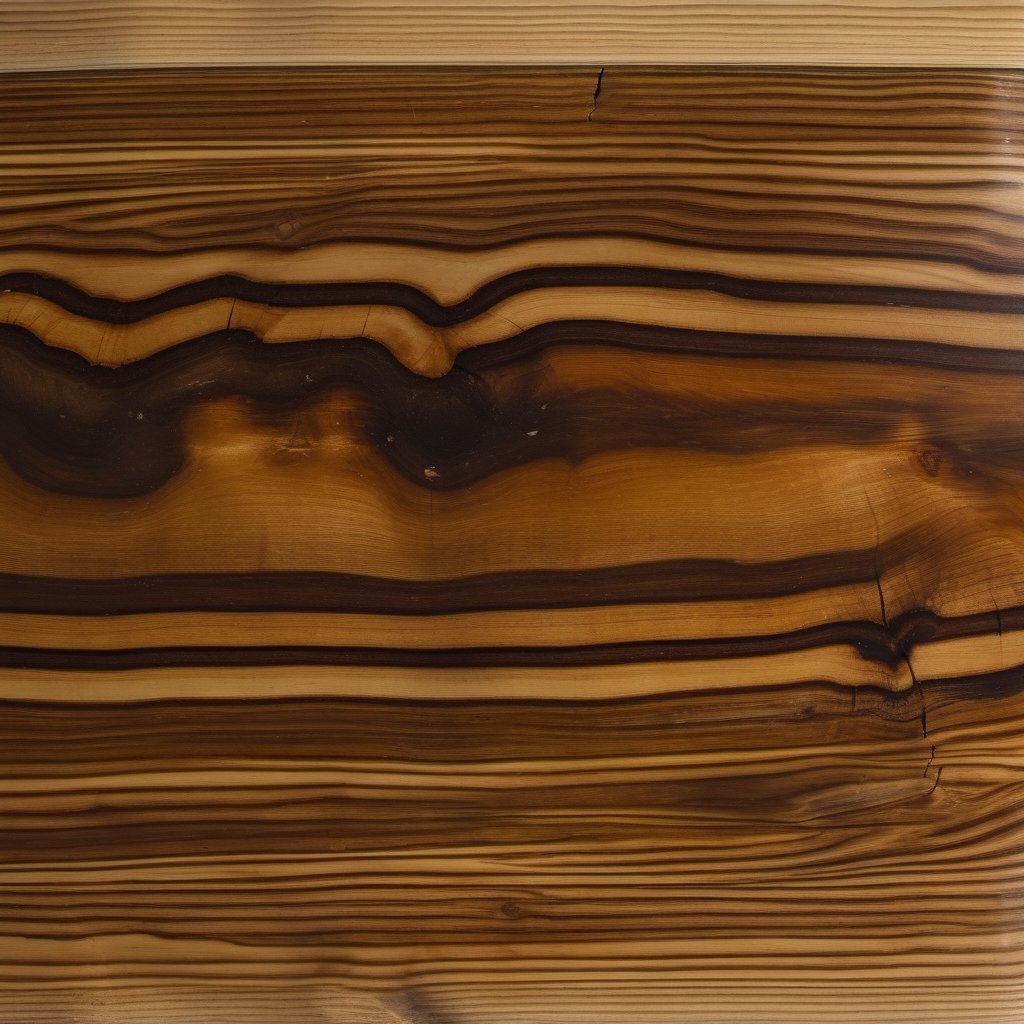 Cross section of a plank of dark polished and varnished wood
