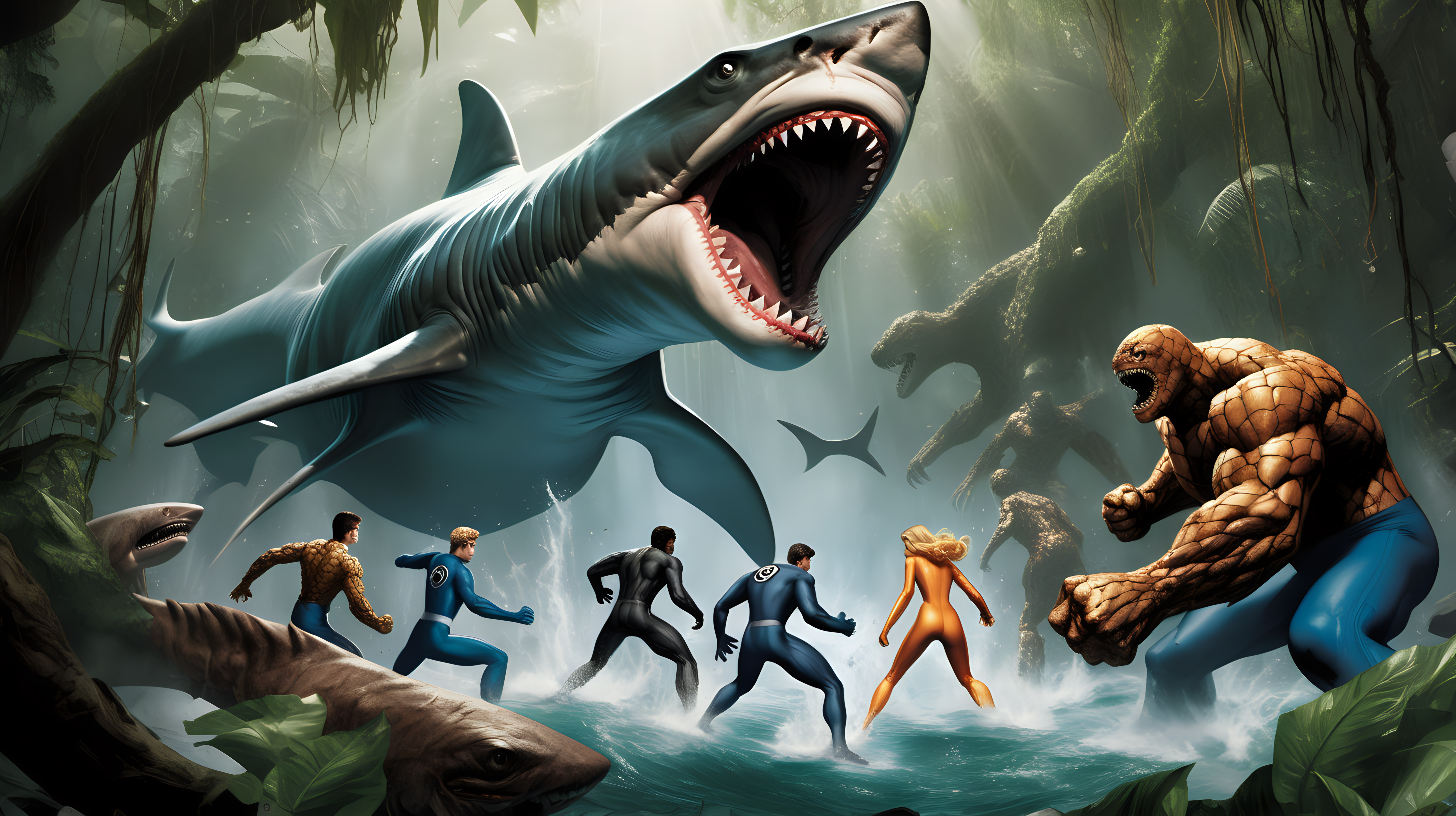 The Fantastic Four fights a giant shark with legs and wings in the jungle