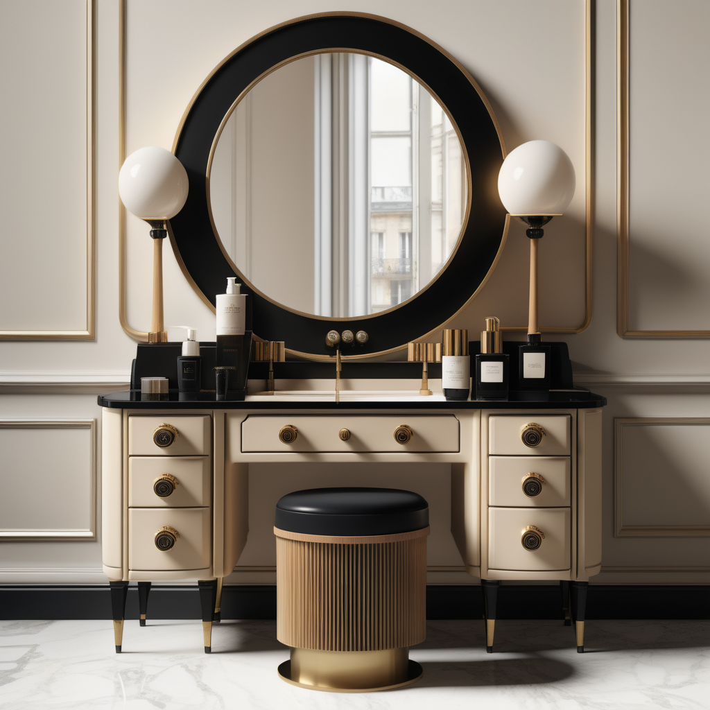 a hyperrealistic image of a modern Parisian  vanity table  in beige, oak, black and brass 
