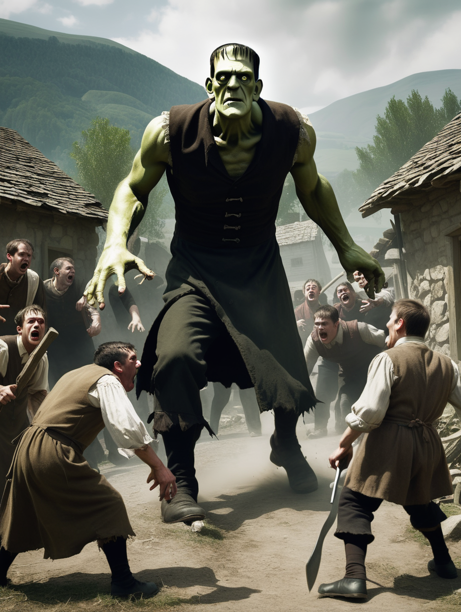 Frankenstein attacking villagers