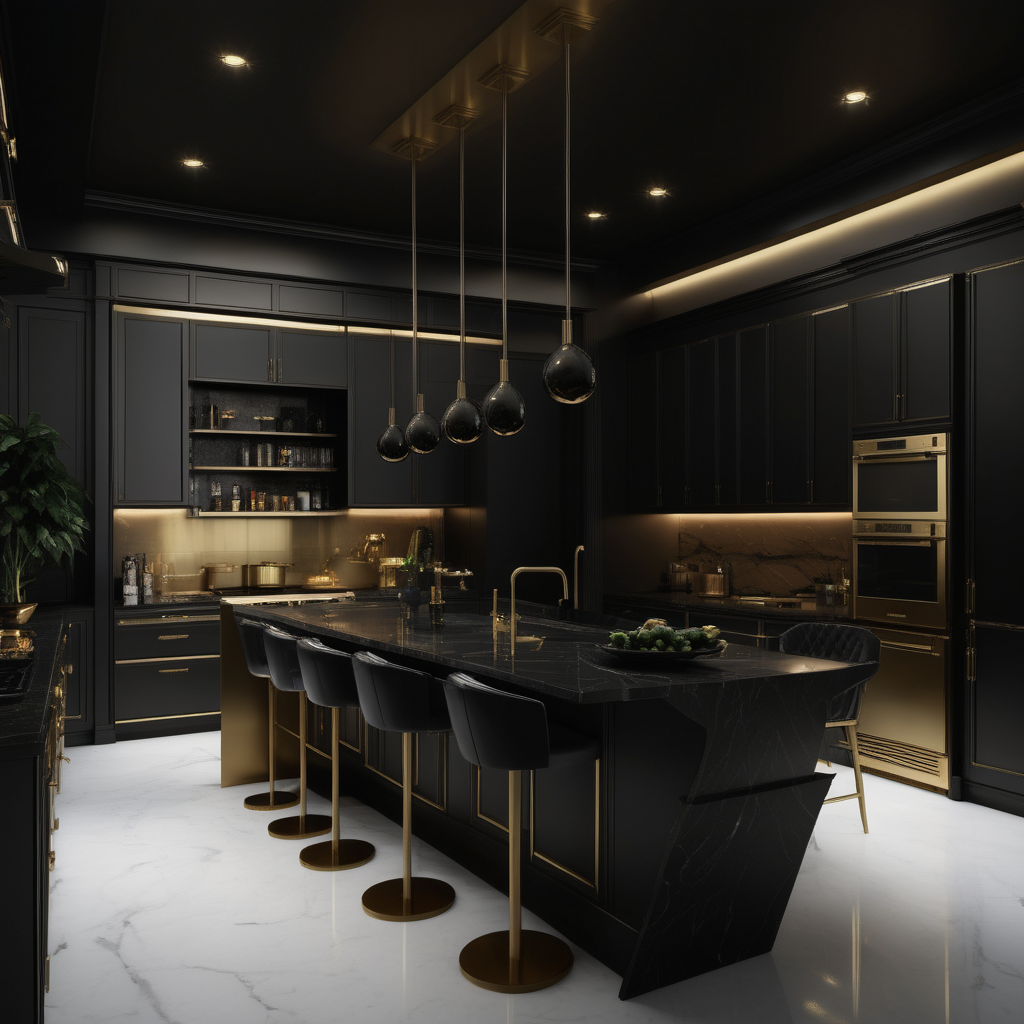 hyperrealistic of a modern Bruce Wayne inspired mansion kitchen; mood lighting; Black and brass
