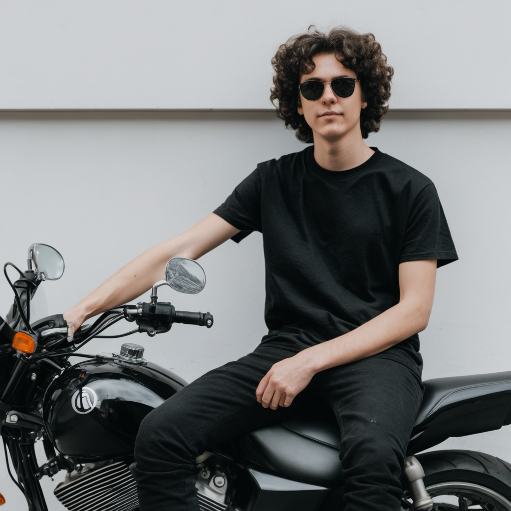 person sitting on motorycle bike showing front with black t shirt that is blank