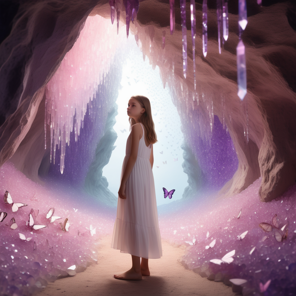 A teenage girl stands in a cave. She is wearing a flowy white midi dress. There is a butterfly next to her. The cave's wall is covered with pink and purple crystals. The girl sees pictures of her childhood in the crystals.