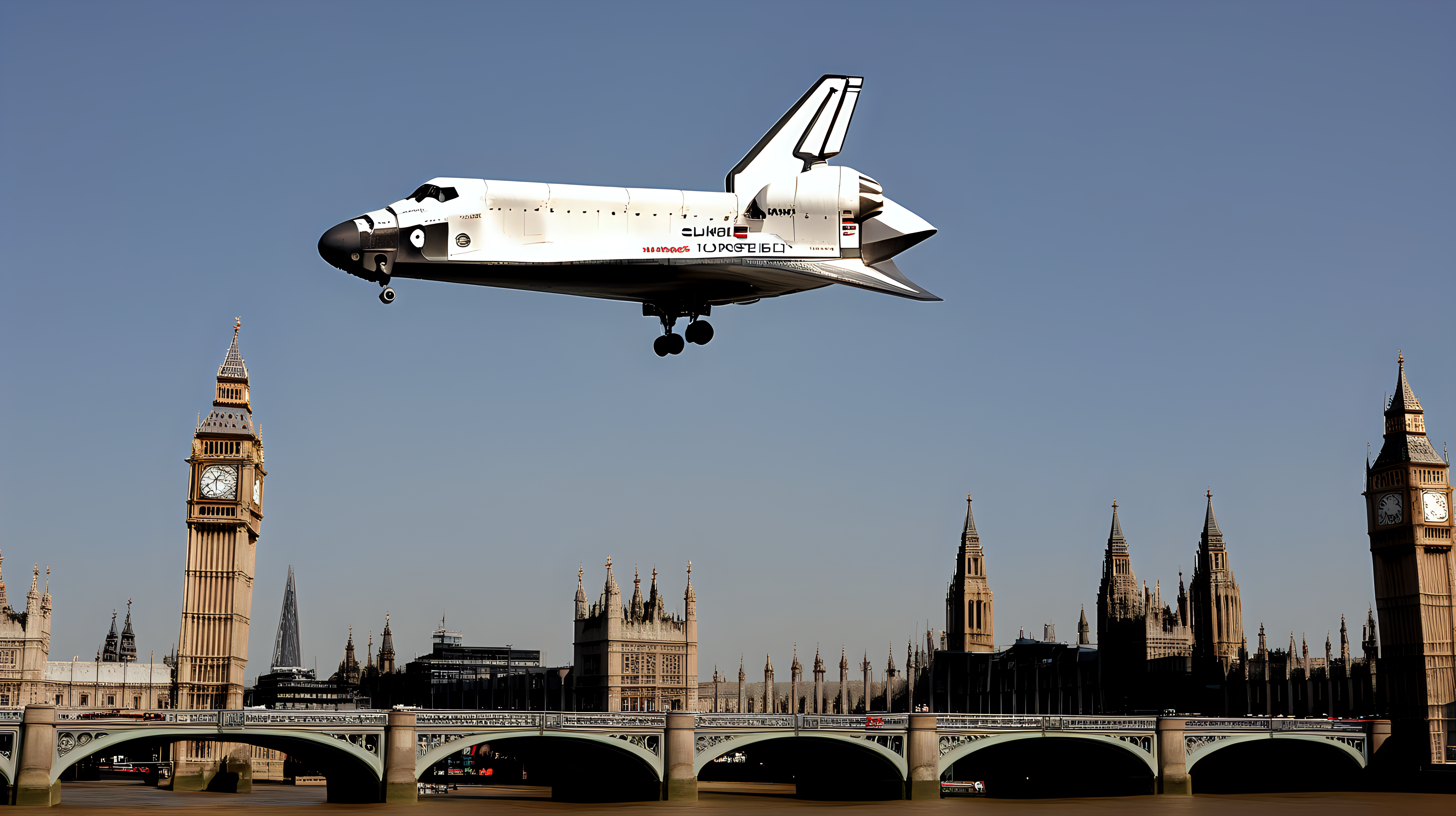 space shuttle flying over London Bridge