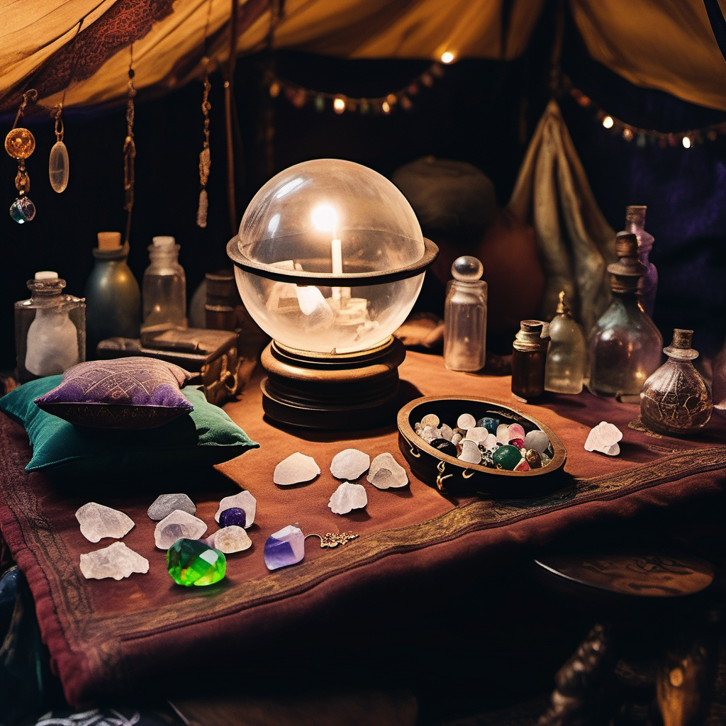 A close-up of a table in a fortune teller tent. there is a crystal ball on the table. There are cushions around the table to sit on the floor. There is an old, worn leather bag full of round crystals to make jewelry. In the background, there is a shelf with potions. The tent is dimly lit.
