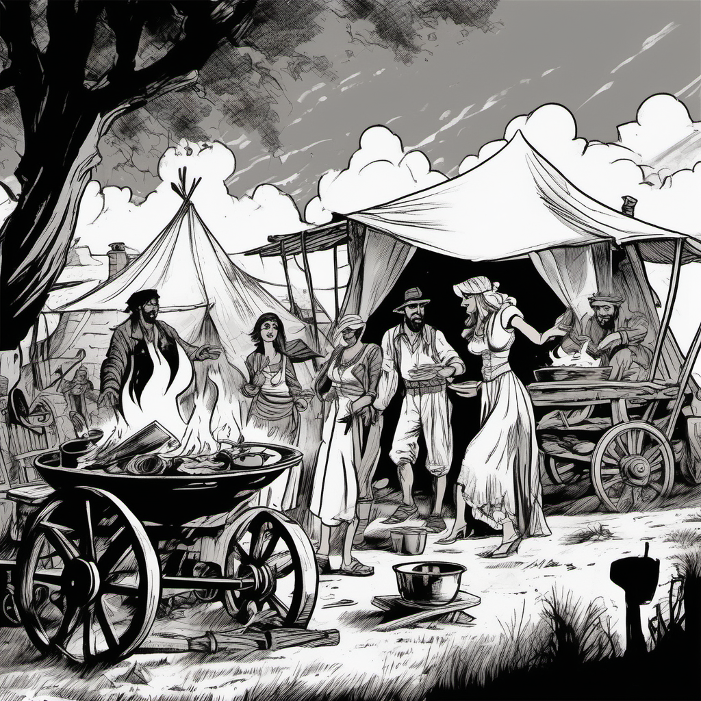 Gypsy camp with wagons and fire female cooking male playing music dancing in Paolo Eleuteri Serpieri comic book style
