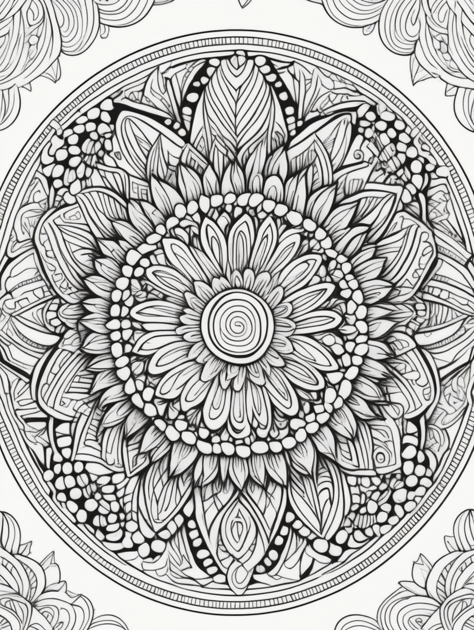 doodle inspired mandala art, black and white, children's coloring book, coloring book page, clean line art, line art