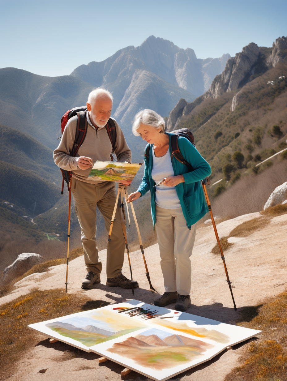 a Caucasian man and woman, who are a couple, in their late 60s, hiking in a Spanish mountain range. They are doing an oil painting of an Spanish landscape on a large canvas, it is a sunny day. The couple are painting together. The mountains are not snow capped. A few paintbrushes are seen on the ground beside the couple