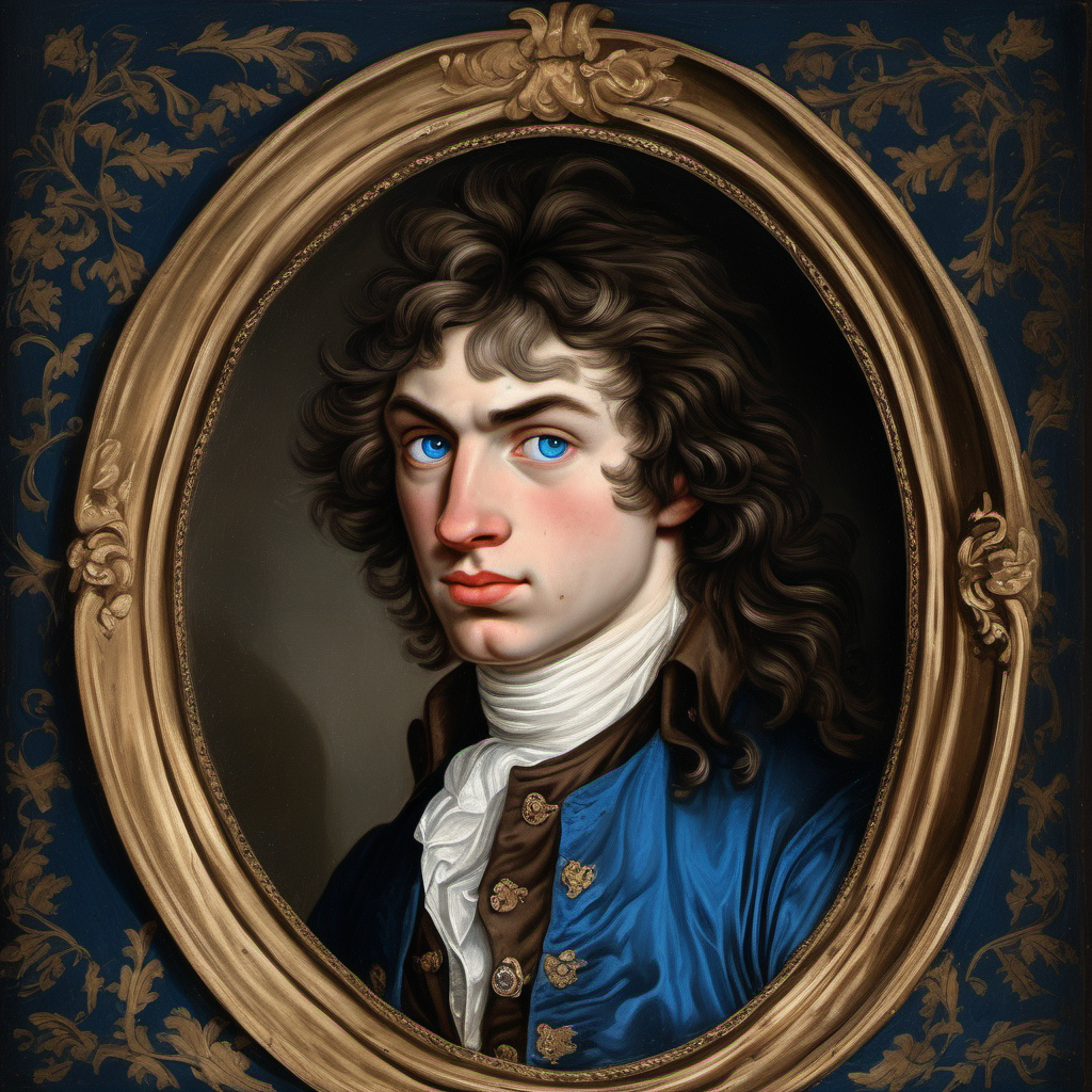 18th century ugly young man wild straight dark brown hair deep blue eyes poet books