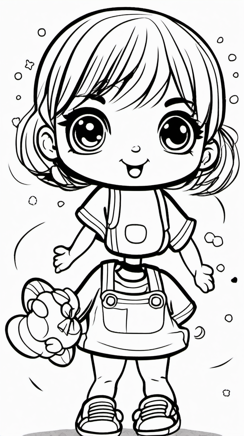 Little girl playing with a toy very happy. Coloring page for toddlers, basic cartoon, kawaii style, black and white, ink lines, smooth, anime style, simple, cute eyes, full body, white shoes, sketchbook, realistic drawing, free lines, on paper, character, art Clean, highly detailed line with no shadows