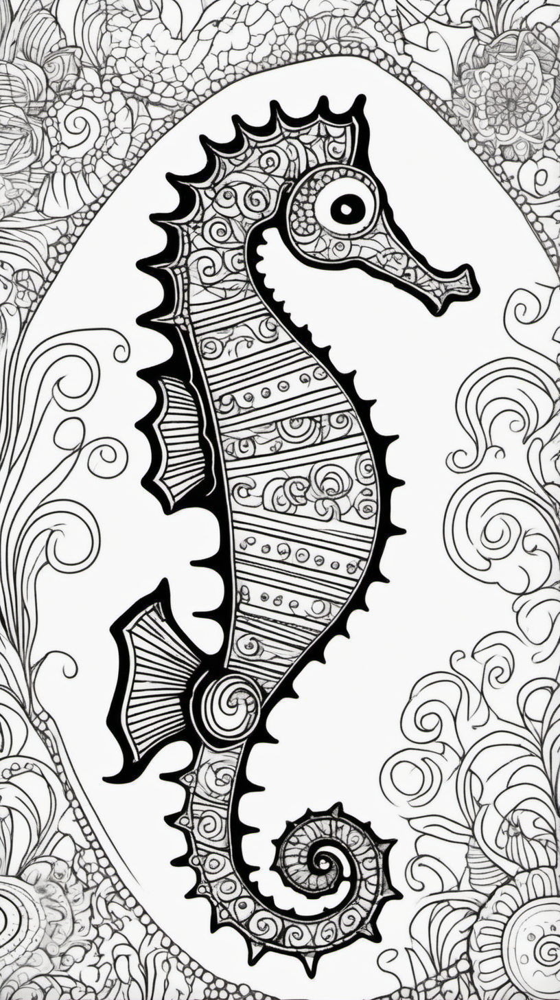 seahorse, mandala background, coloring book page, clean line art