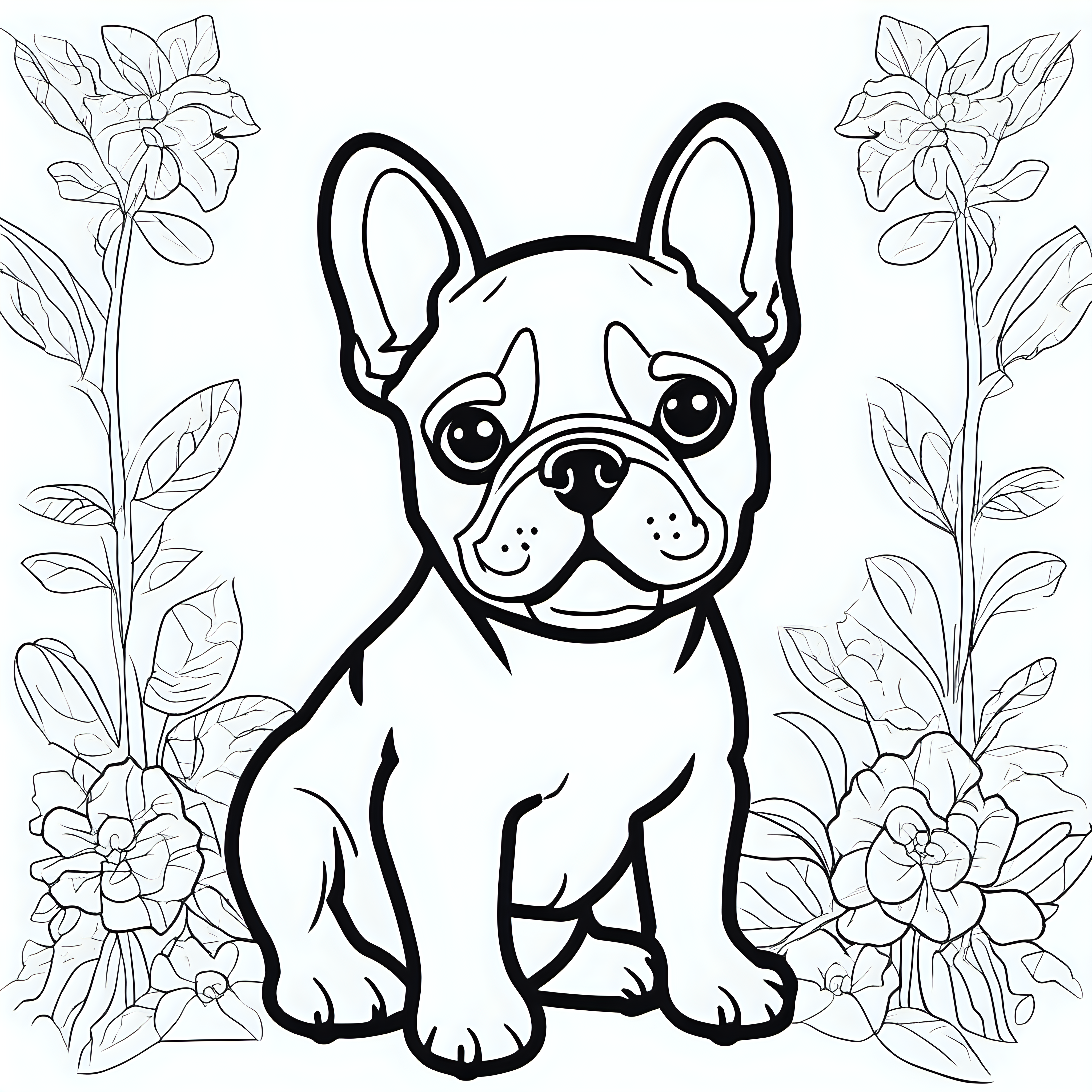 Craft a delightful black outline of a cute French Bulldog, exclusively designed for a children's coloring book. This charming illustration leaves ample space for kids to unleash their creativity and add vibrant colors, making the coloring experience both engaging and delightful.
