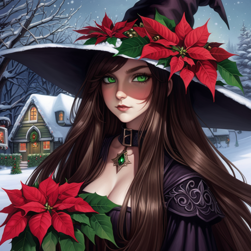 Long hair brown hair green eyes witch hat