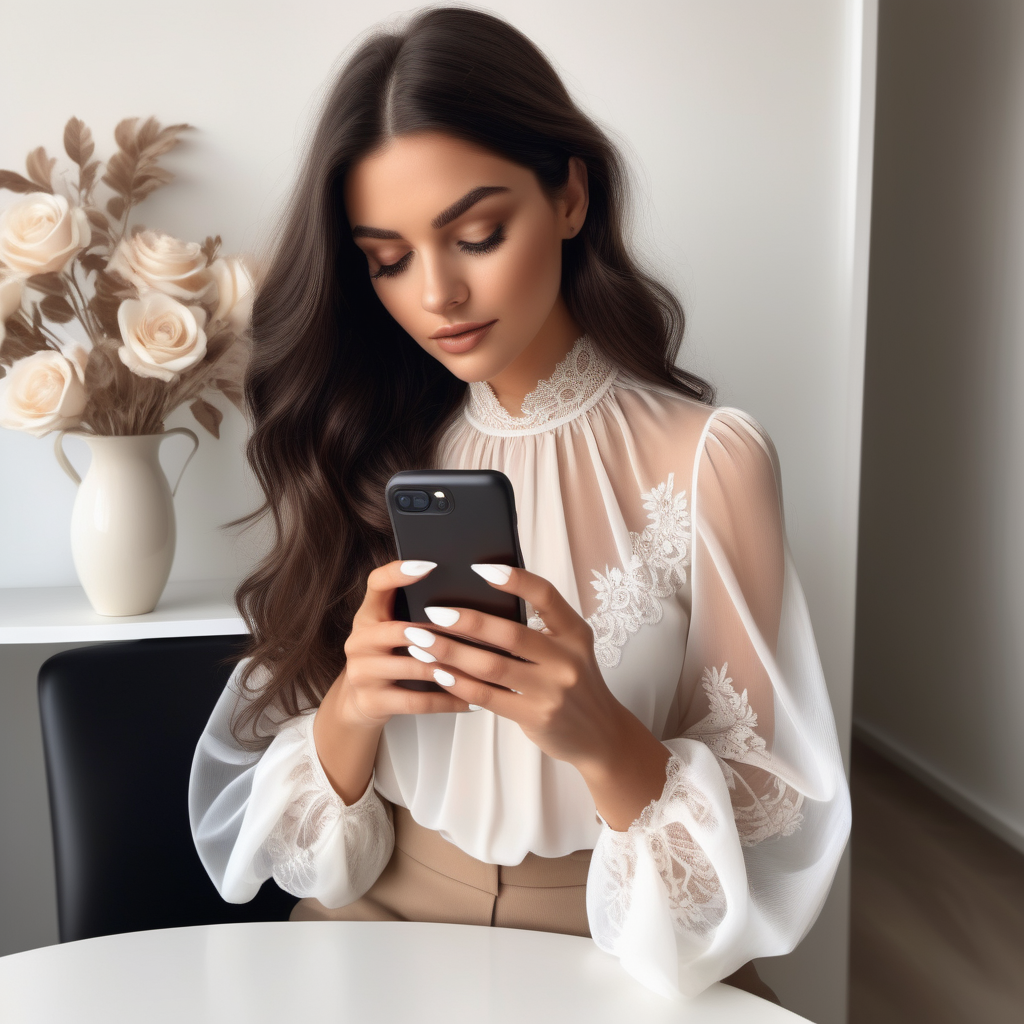 A beautiful lady with long dark brown slightly wavy hair wearing an ethereal sheer white blouse with voluminous sleeves, and floral lace detailing on chest area, working on a smart phone, modern beige aesthetic. She has long nails with white nail polish.