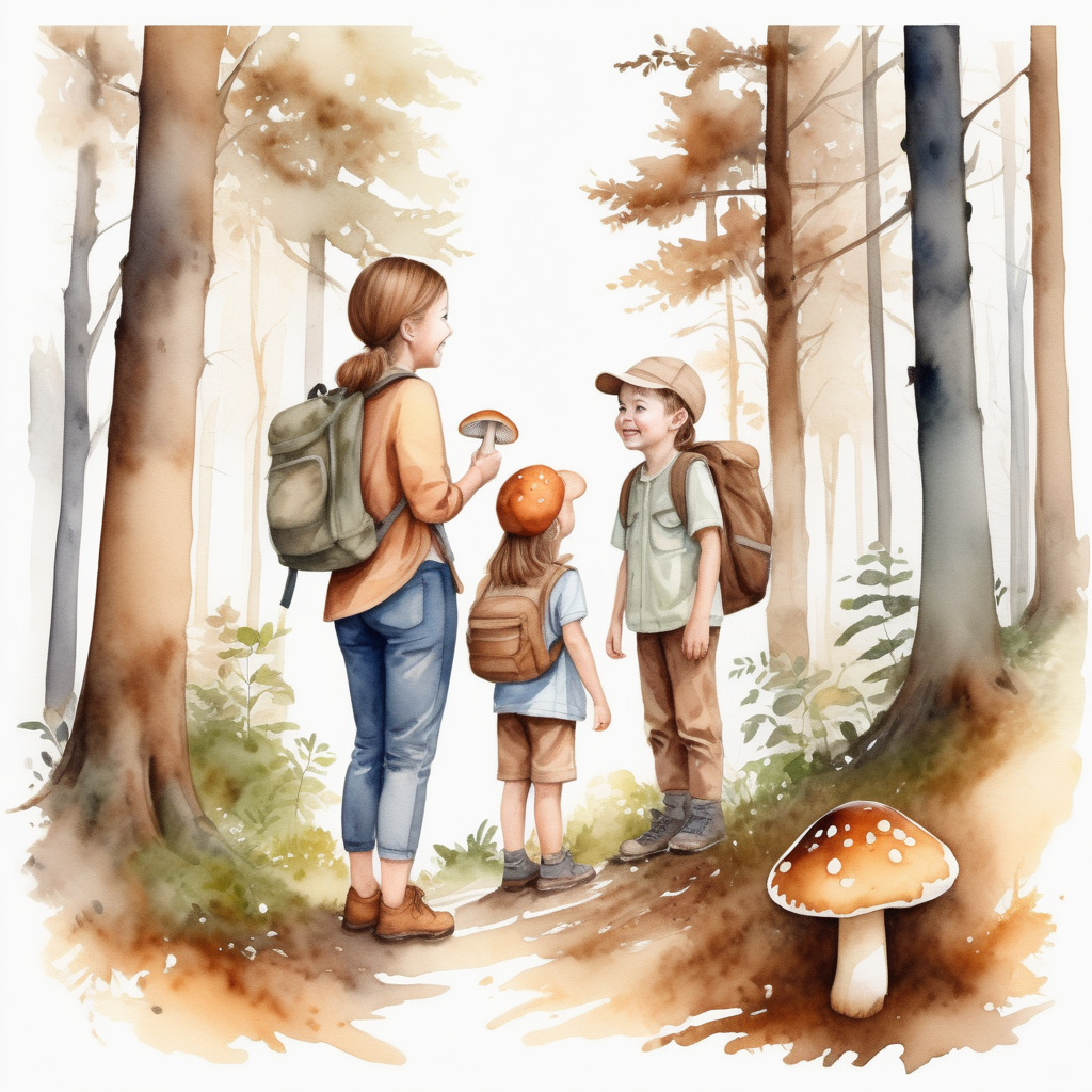 bílé pozadí_vytvoř realistickou ilustraci_reálné tváře_usmívají se a hledají_děti v lese s rodiči hledají houby jsou hnědé_akvarelové barvy
