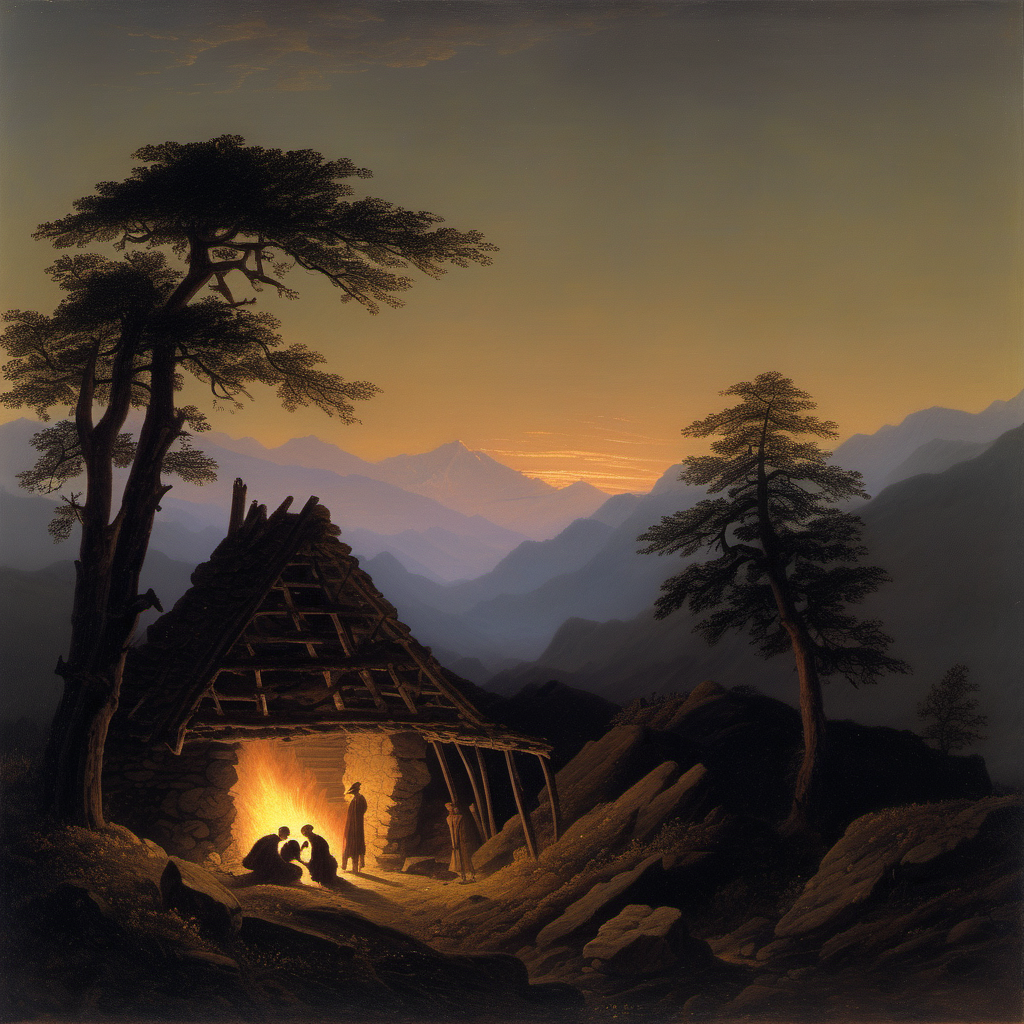 A small fire in front of a hut in the mountains around Dharamshala at dusk, Caspar David Friedrich oil painting