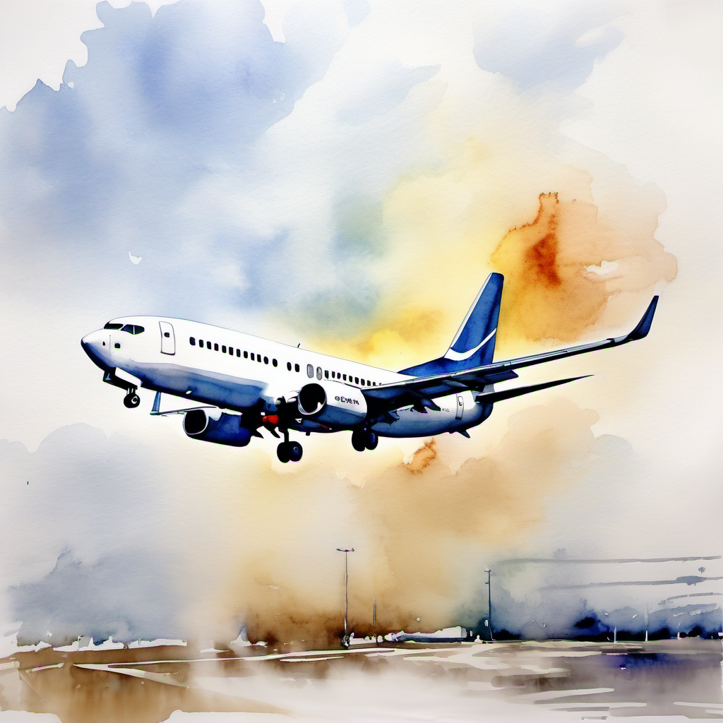 white boeing 737 departure, watercolor paint