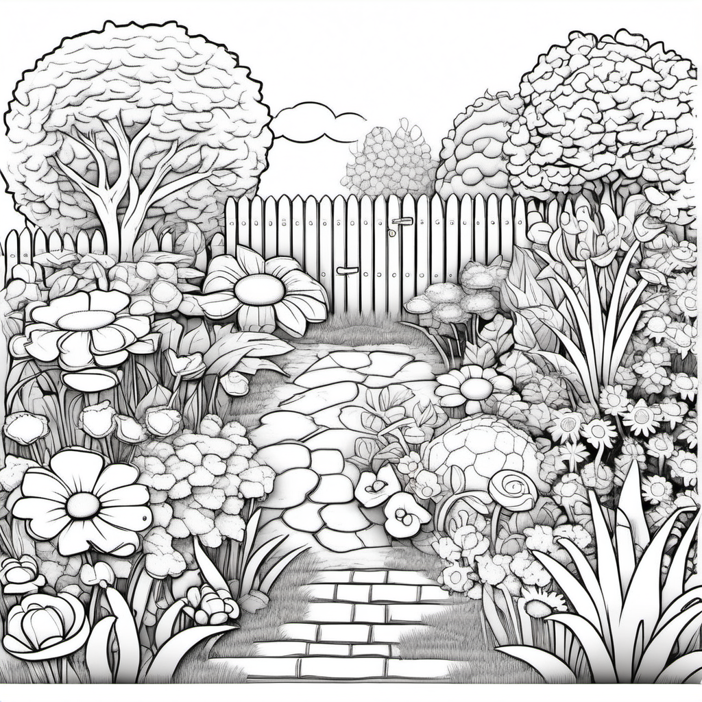 garden, for toddler, clean colouring book page, no dither, no gradient, strong outline, no fill, no solids, vector illustration, -ar 9:11 - v 5