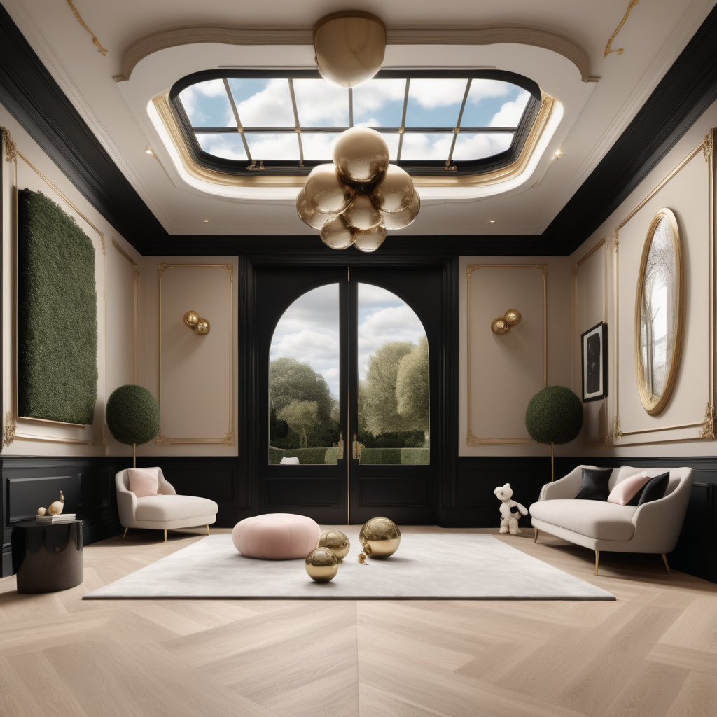 a hyperrealistic image of a grand Modern Parisian  cloud like fantasy playroom in a beige oak brass and black colour palette with floor to ceiling windows that blend into the walls and a door leading to the manicured gardens
