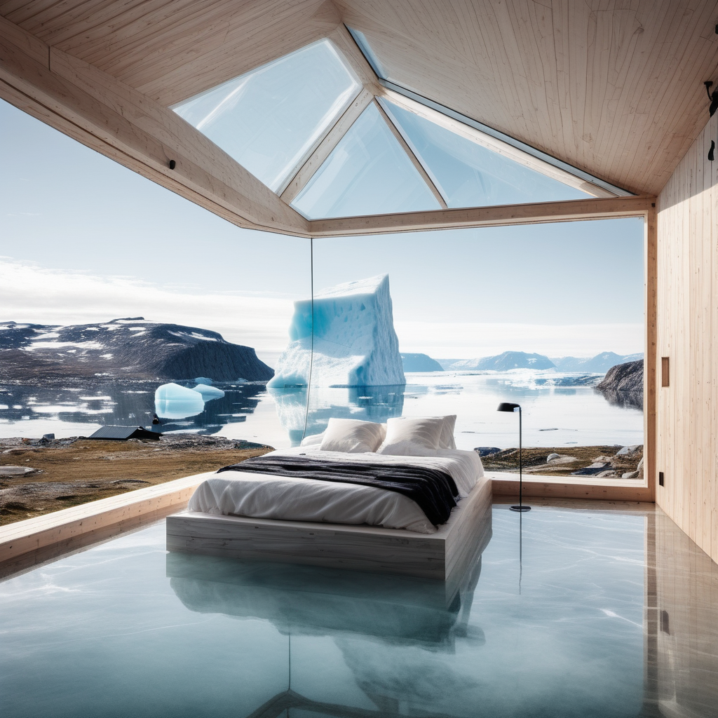 Take square giant ice berg in the water and sculp a big minimalistic house, there is big panoroma windows, big terrace with spa, this is in greenland and you can see mountains arround and now show the bedroom inside the house