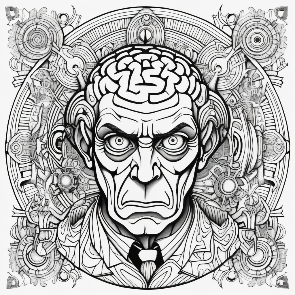 adult coloring page, black & white, strong lines, high details, symmetrical mandala, evil mad scientist with large brain