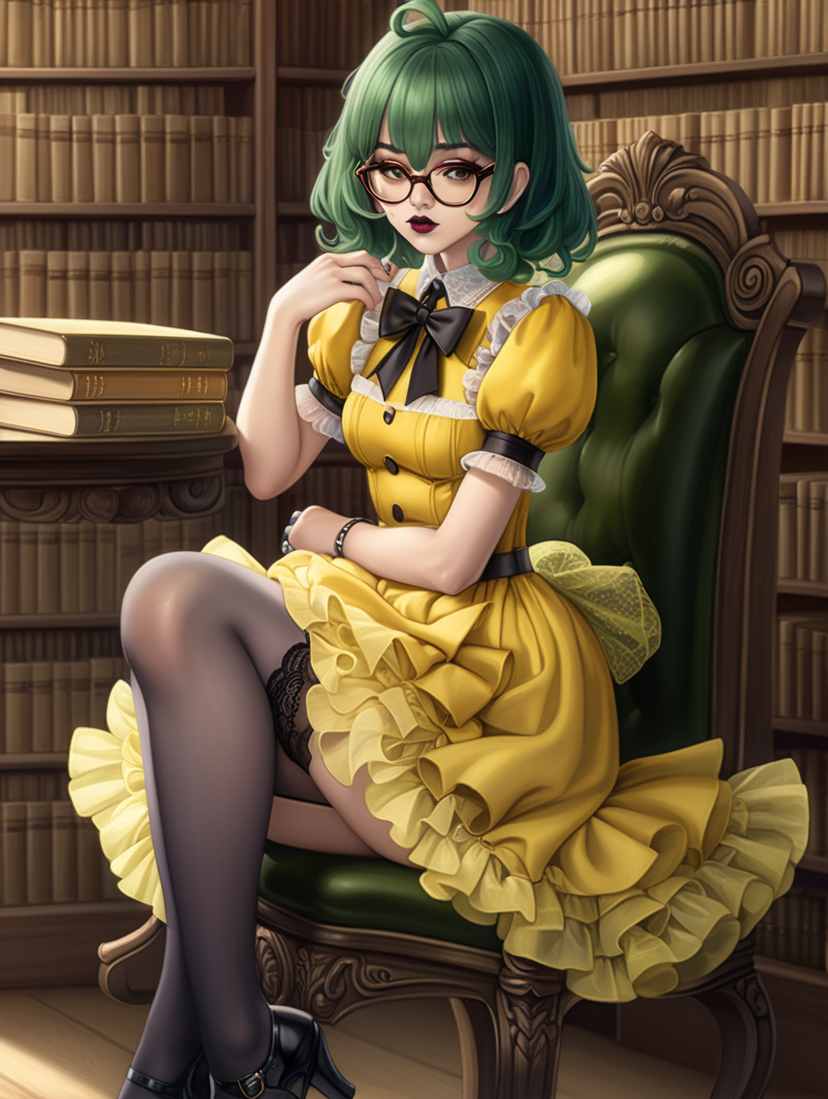 Anime woman with dark green hair and large lips with dark lipstick and heavy makeup wearing a frilly yellow dress, stockings, yellow heeled maryjane shoes, lots of bows and lace, wearing glasses.  Tiny waist. sitting in a library. Innocent expression. 
