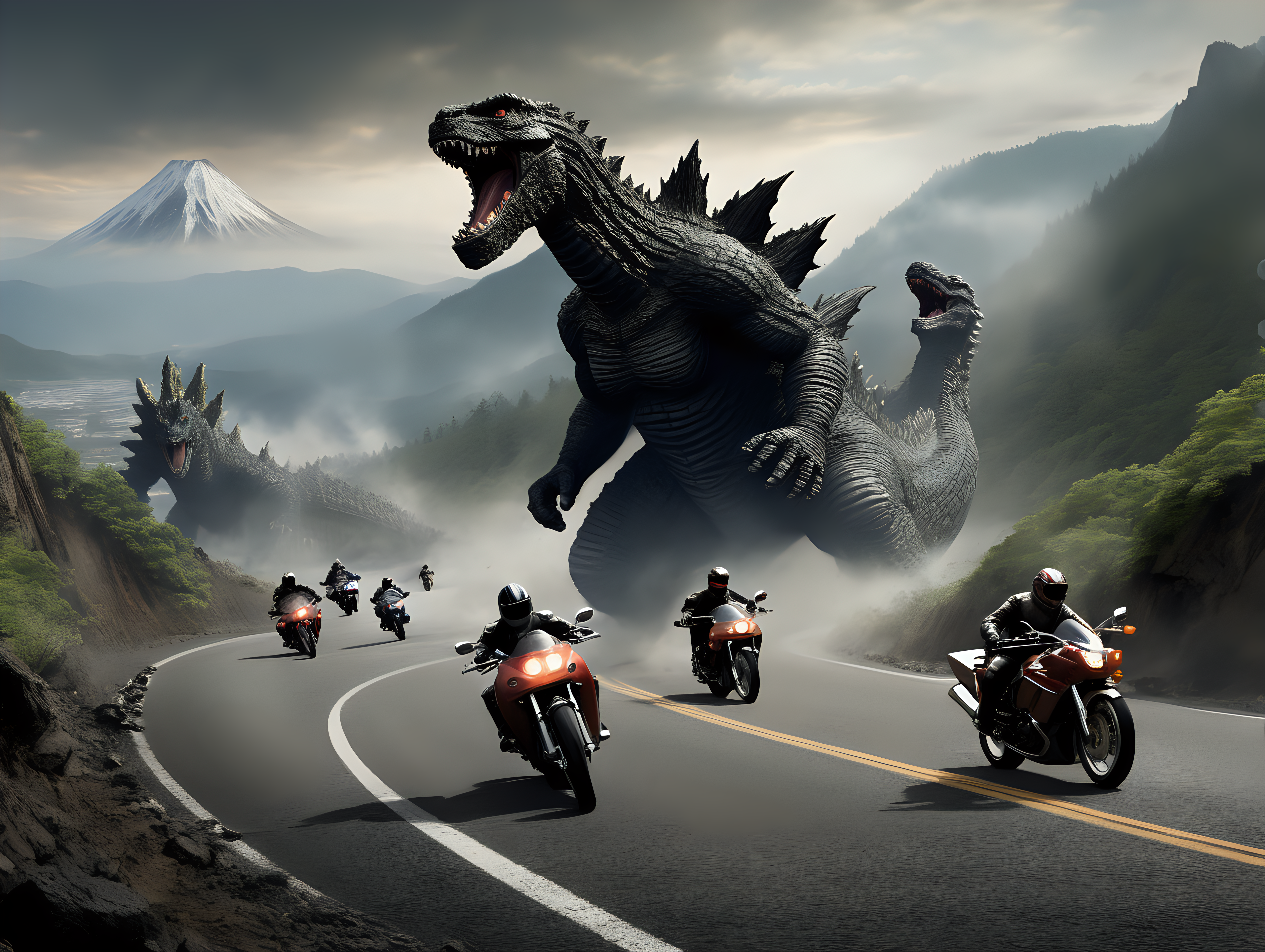 Motorcycles race on winding mountain road chased by Godzilla