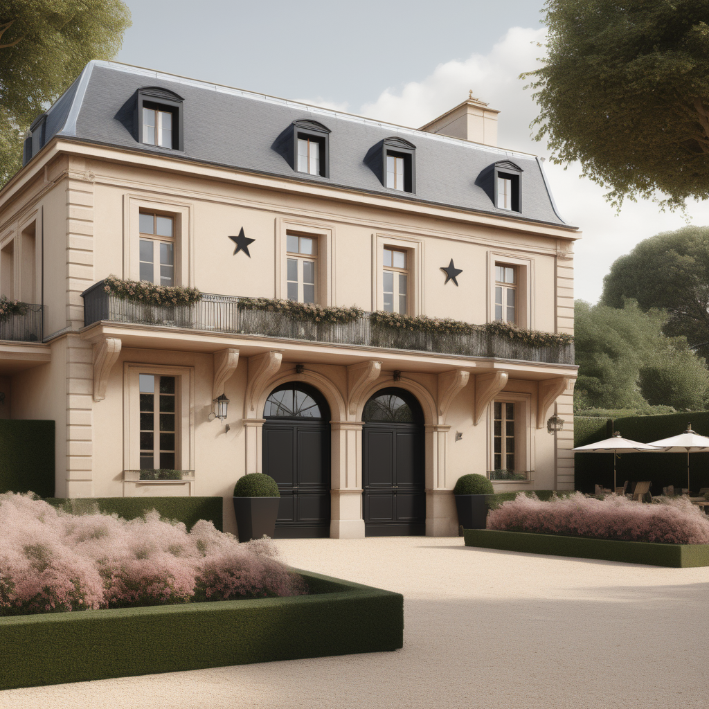 A hyperrealistic image of a modern Parisian horse stables building viewed from the outside in a beige oak brass colour palette with accents of black and dusty rose, with an adjoined veranda covered in star jasmine, and beautiful garden beds and sprawling lawns around it
