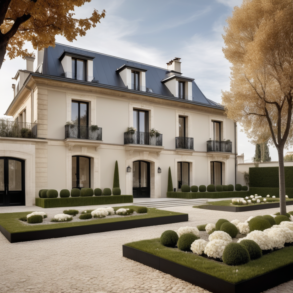 a hyperrealistic of a grand modern Parisian estate home from the outside with a great wide cobblestone driveway with black wrought iron gates, elegant gardens of white flowers, in a beige oak brass colour palette --no visible homes nextdoor
