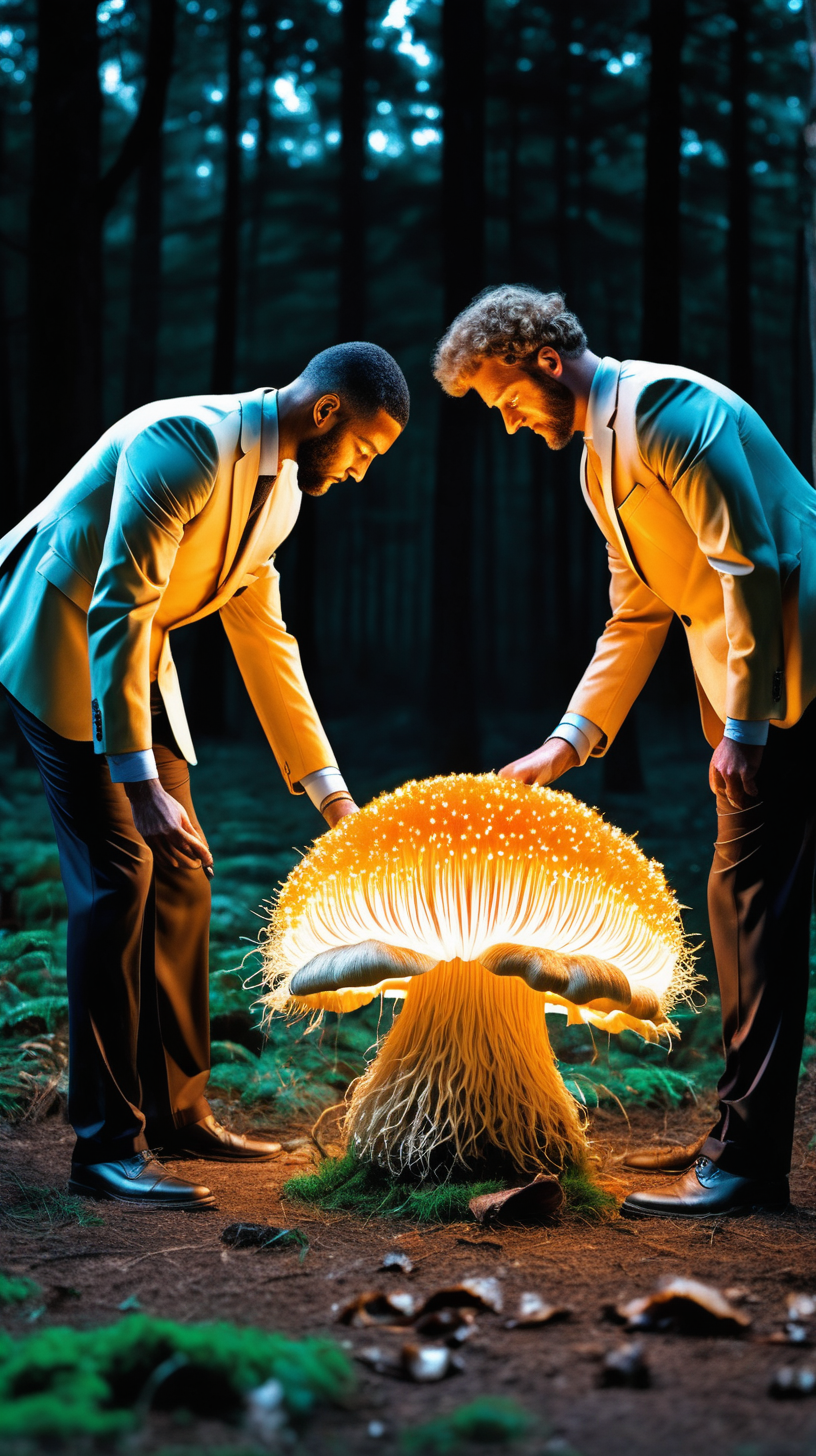 Men in work suits bowing down to LionsMane mushroom which is glowing