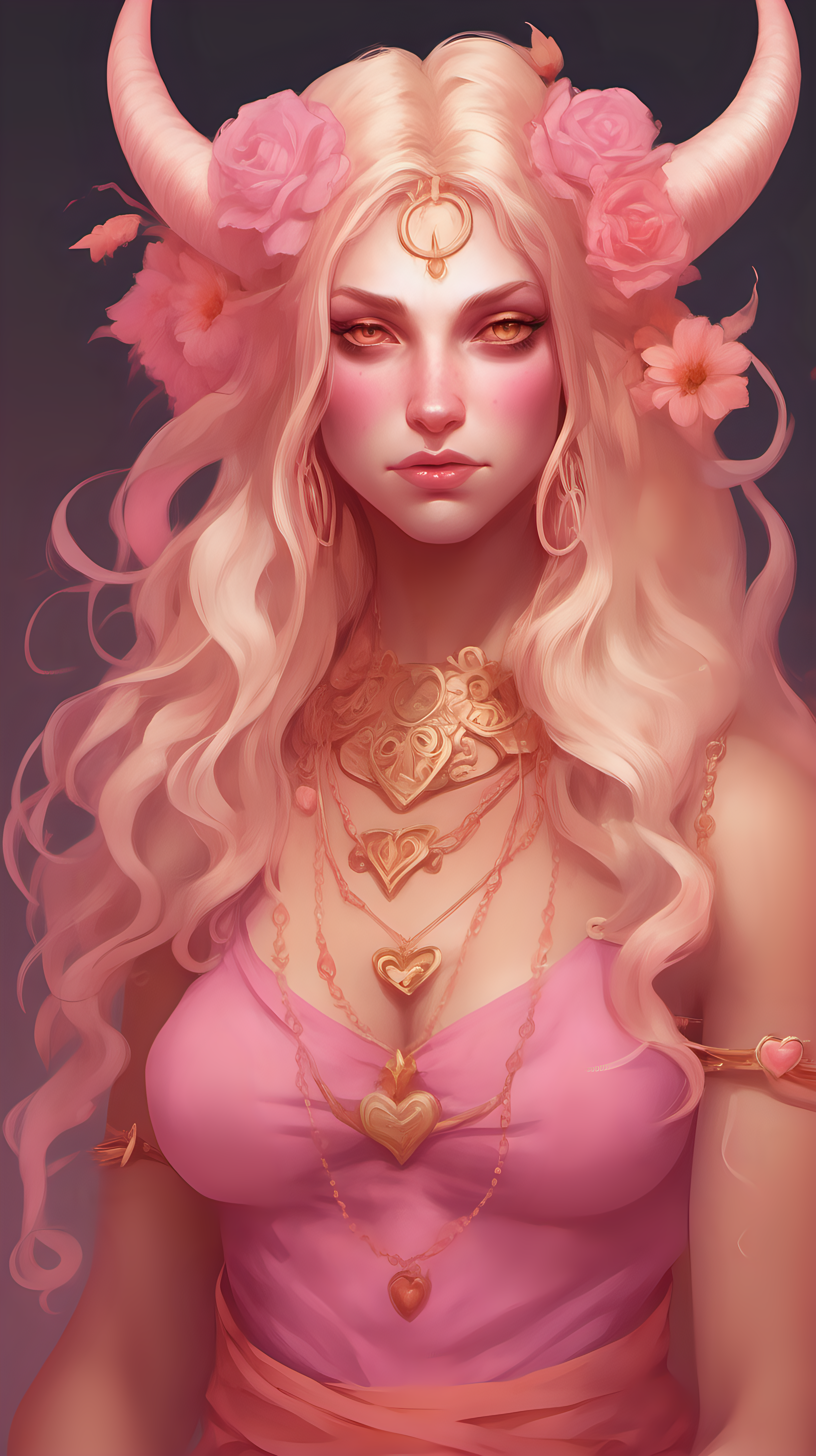 Tiefling woman with pink skin. She has white horns that meet at the top of her head to form a heart. She has light pink eyes. She has light blonde eyelashes. Her eyelashes are not black. She has blonde long hair with a orange tint. She is wearing a pink Greek-style dress with lots of flowers. She is wearing gold jewelry. She is holding a bouquet of pink flowers. She has an annoyed expression. 