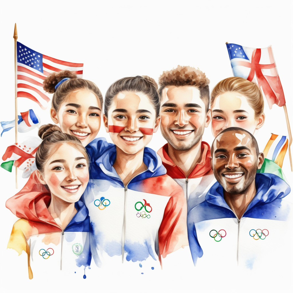 bílé pozadí_ reálná tvář_tvář reálné tváře různé národnosti_olympijské hry nejsou jen o sportu, ale také o přátelství_ pomáhat si_slavnost_ moc lidí_ oblečení mají lidé v barev vlajek_ve stylu akvarel_