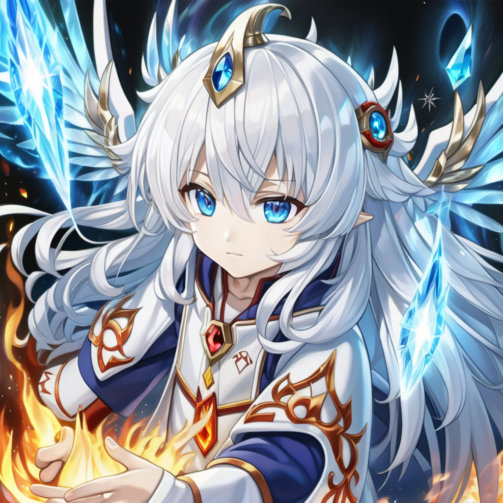 Blue anime eyes with fire in them, white curly hair, fire crystal wings, crystal hat, powerful rays of light,