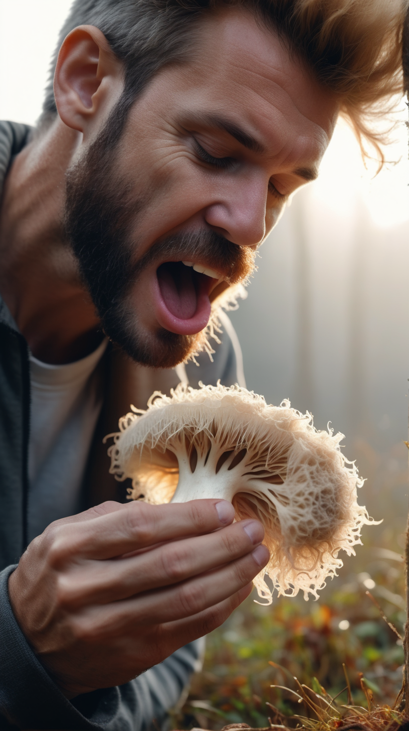 man eating a small lions mane mushroom in the morning 4k