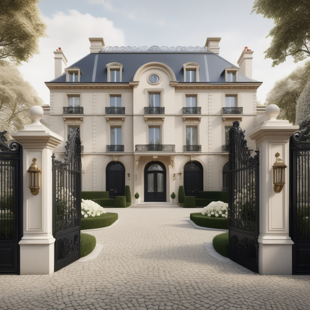 a hyperrealistic of a grand modern Parisian estate home from the outside with a great wide cobblestone driveway with black wrought iron gates,  a white Rolls Royce Phantom in the driveway and grand gardens of white flowers in a beige oak brass colour palette --no visible homes nextdoor
