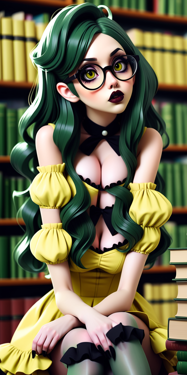 Anime woman with dark green hair and large lips with dark lipstick and heavy makeup wearing a frilly yellow dress, stockings, Mary Jane heels, and glasses. Vacant expression. Sitting in a library.