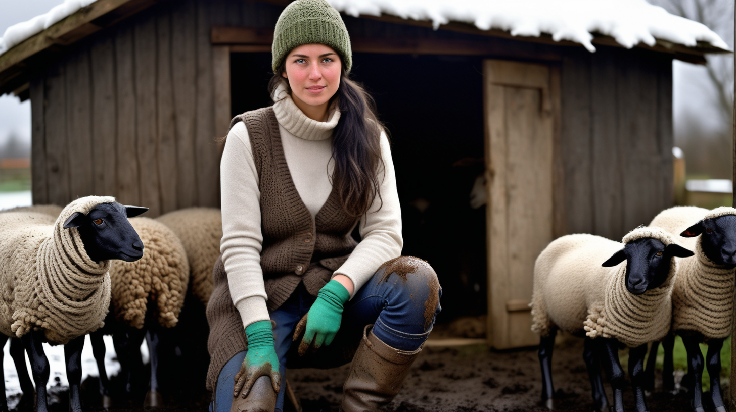 A hot girl black-haired  with green eyes works in a sheep farm. Darkness, cold and lots of snow and deep mud. A wooden hut, a cowshed. She works in front of them and feeds the sheeps. She is wearing short  to ankle black rubber boots with hand-knitted muddy woolen socks sticking out of them and knitted gaiters. He wears dark blue jeans torn in places and smeared profusely with sticky mud , stained with mud. She is wearing a thick knitted white woolen long-sleeved brown chunky sweater - torn and muddy. On top of it, she wore a Turkish dark blue knitted vest with buttons and side pockets. On top of all this is a sleeveless bodice in a black color with mud stains on it. There are knitted gloves, a knitted hat in white and gray. She wrapped a hemp rope around her waist . He works with the animals and feed them.