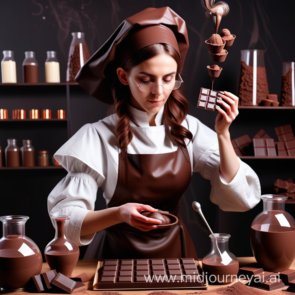 женщина алхимик работает с шоколадом