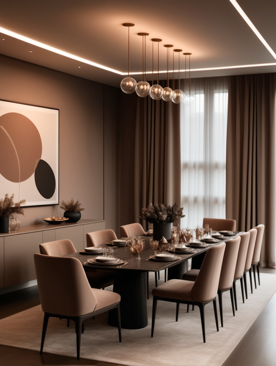 Luxury dinning table room with lots of chairs warm taupe  tones and moody vibes with big light