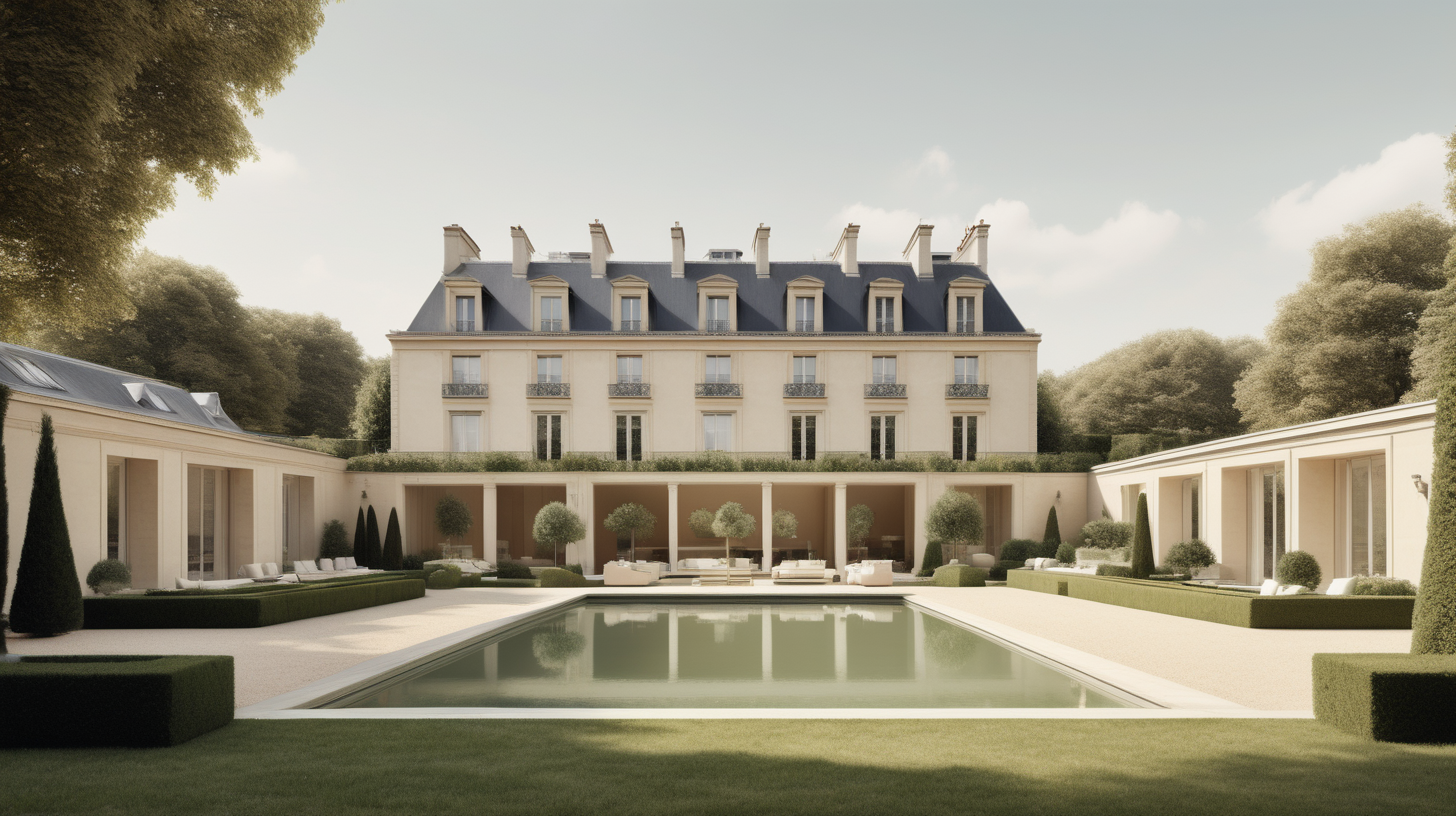 a hyperrealistic image of a Minimalist, Modern Parisian estate sprawling gardens; manicured lawns; sparkling pool; tennis court; outdoor entertainment area; beige, oak, brass color palette; --no neighbour houses
