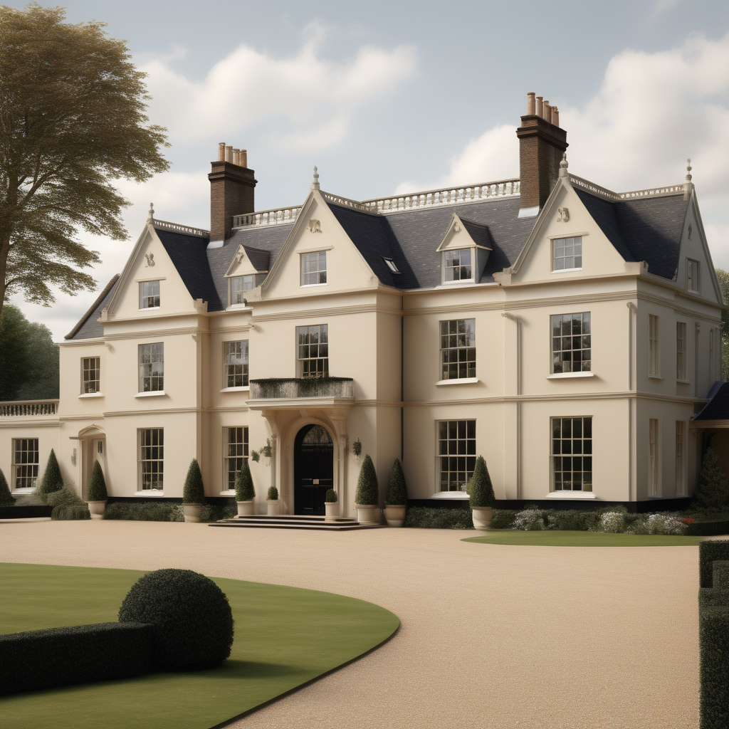 hyperrealistic image of an English country estate home; beige, ivory and black;
