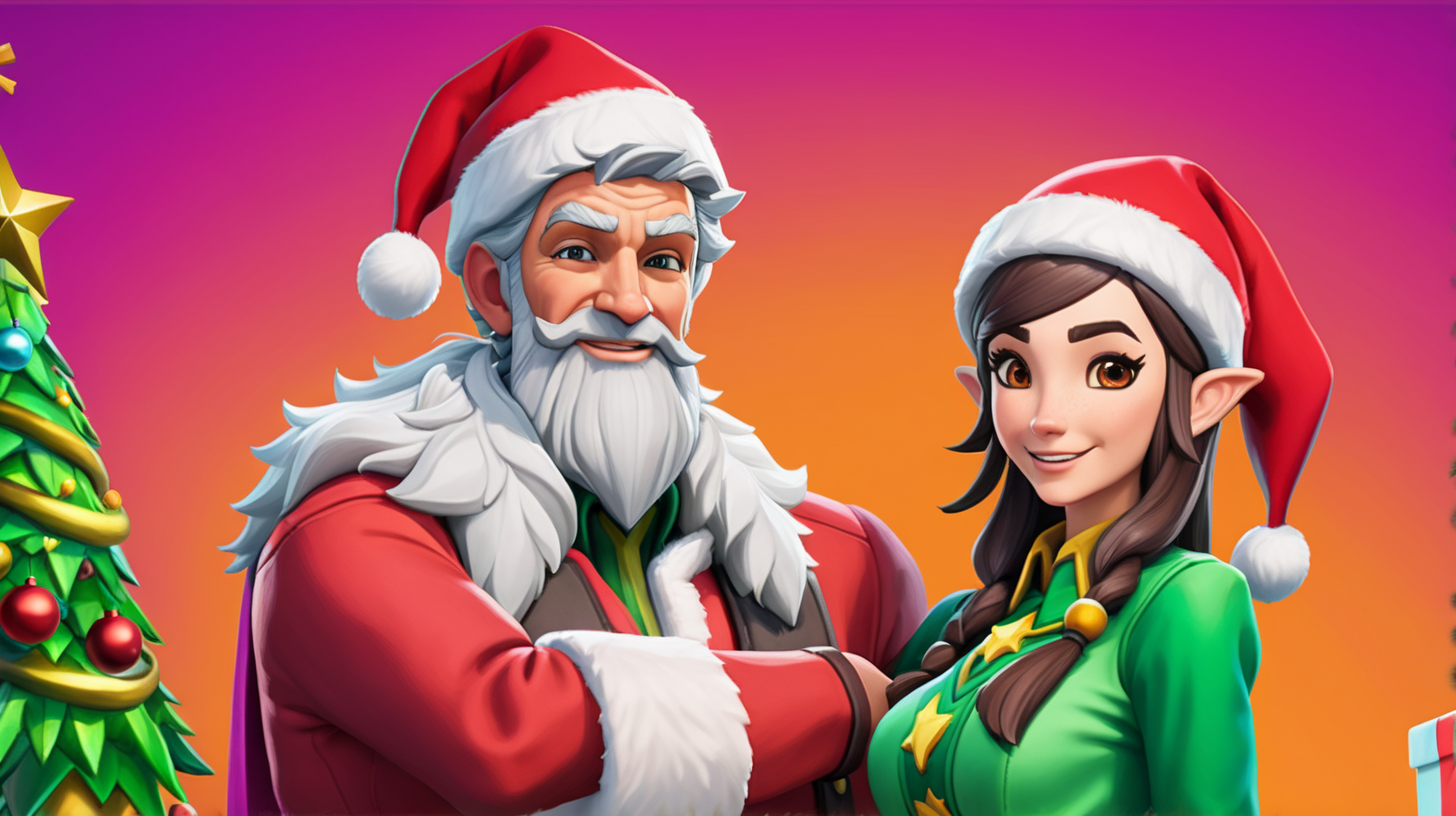 a grey haired man wearing a santa hat and a short grey beard and a brunette woman wearing an elf hat in the style of the video game fortnite, with a christmas background