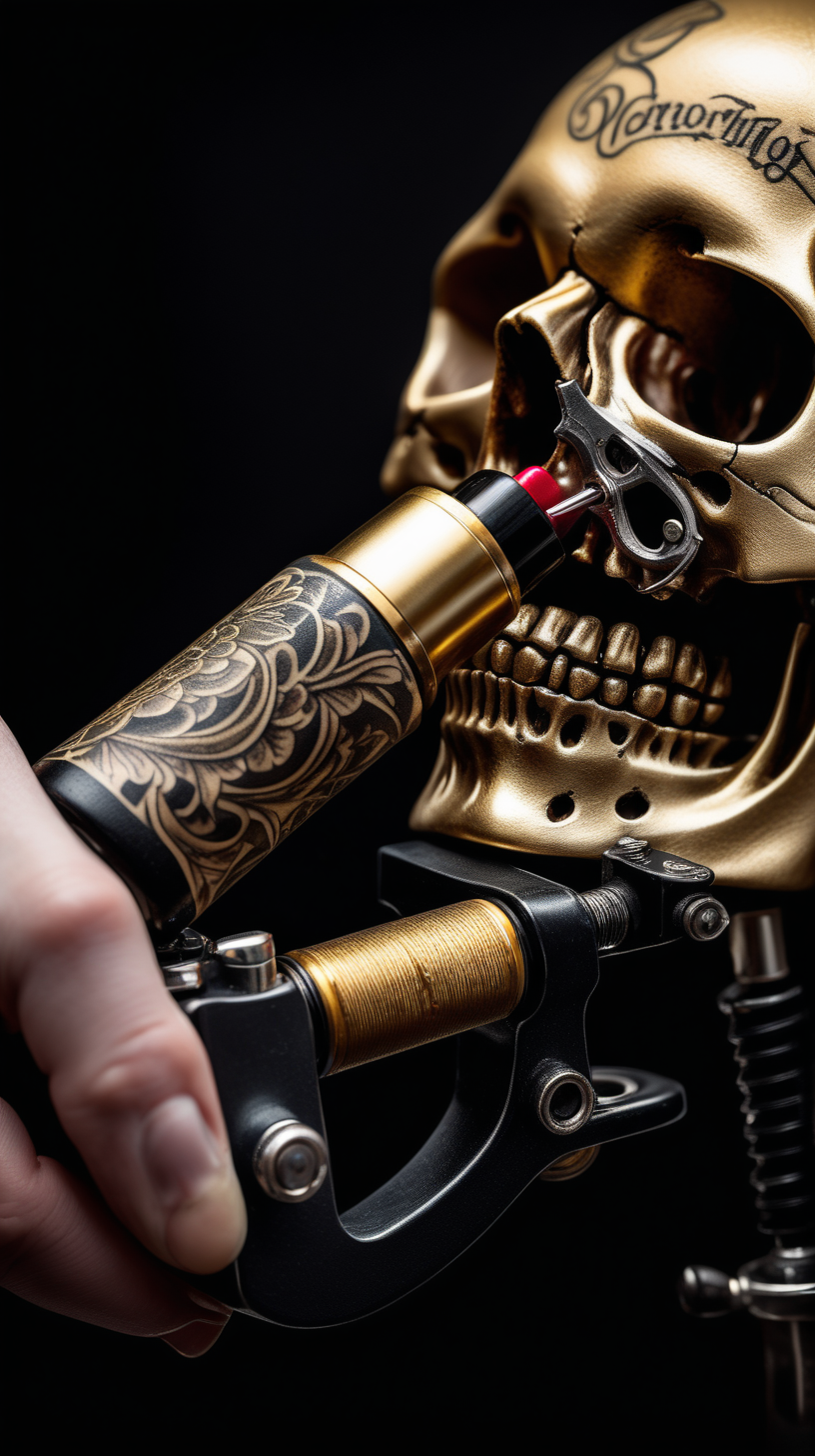 /imagine prompt : An ultra-realistic photograph captured with a canon 5d mark III camera, equipped with an macro lens at F 5.8 aperture setting, The camera is directly in front of the subject, capturing a vintage classic tattoo machine ,a pattern of the skull is engraved on it's golden tattoo grip , grabbed by a hand wearing black nitrile gloves . A lip painted with red lipstick kisses the grip of the tattoo machine.
the hand is blurred and the focus sets on tattoo machine .
Soft spot light gracefully illuminates the subject and golden grip is shining. The background is absolutely black , highlighting the subject.
The image, shot in high resolution and a 16:9 aspect ratio, captures the subject’s  with stunning realism –ar 9:16 –v 5.2 –style raw
