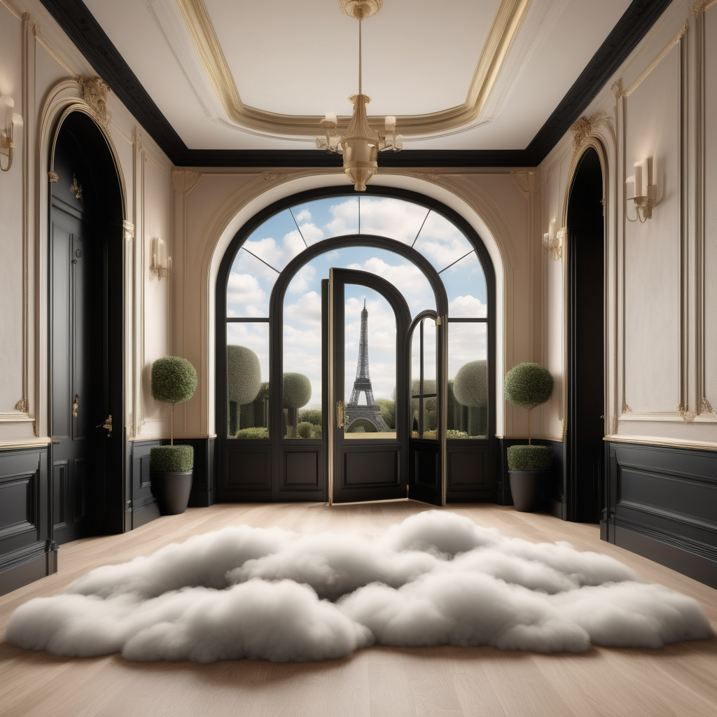 a hyperrealistic image of a grand Modern Parisian  cloud like fantasy castle playroom in a beige oak brass and black colour palette with floor to ceiling windows that blend into the walls and a door leading to the manicured gardens