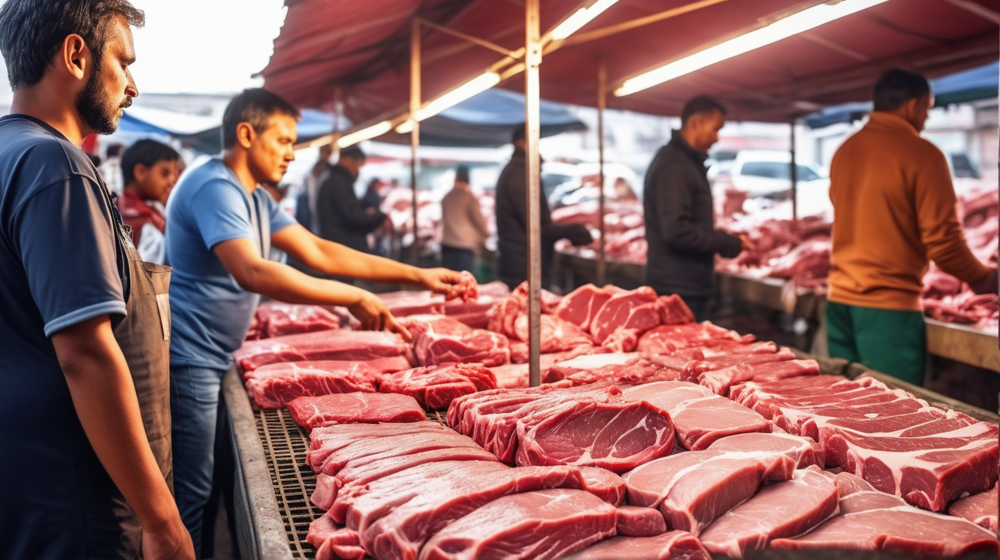 people choose fresh meat from local market