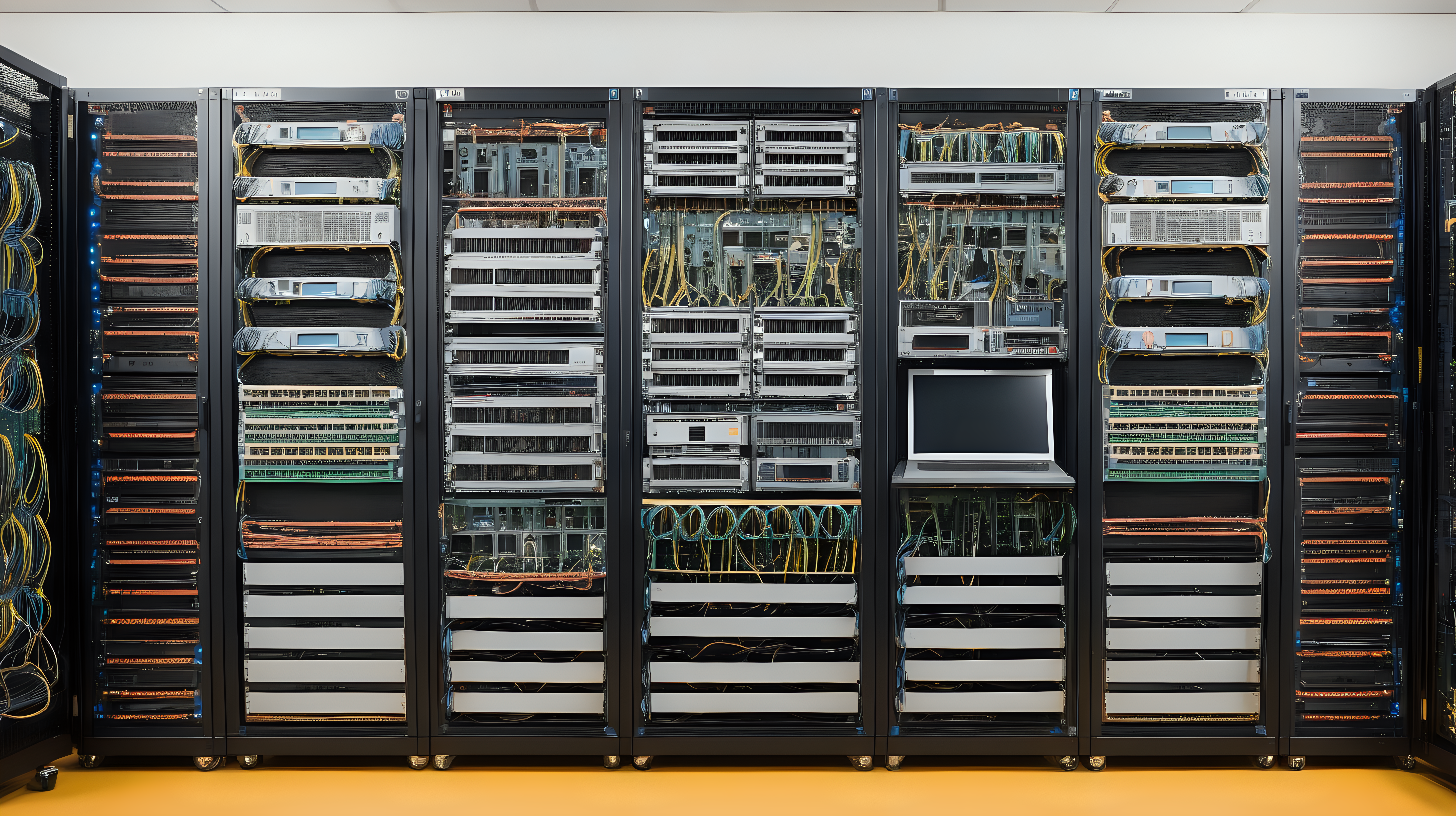 a high quality photograph of a frontal shot of a server rack filled with 1u and 2u workstations and 4 u servers - they all have a hand crafted quality to them - in the style of a wes anderson film
