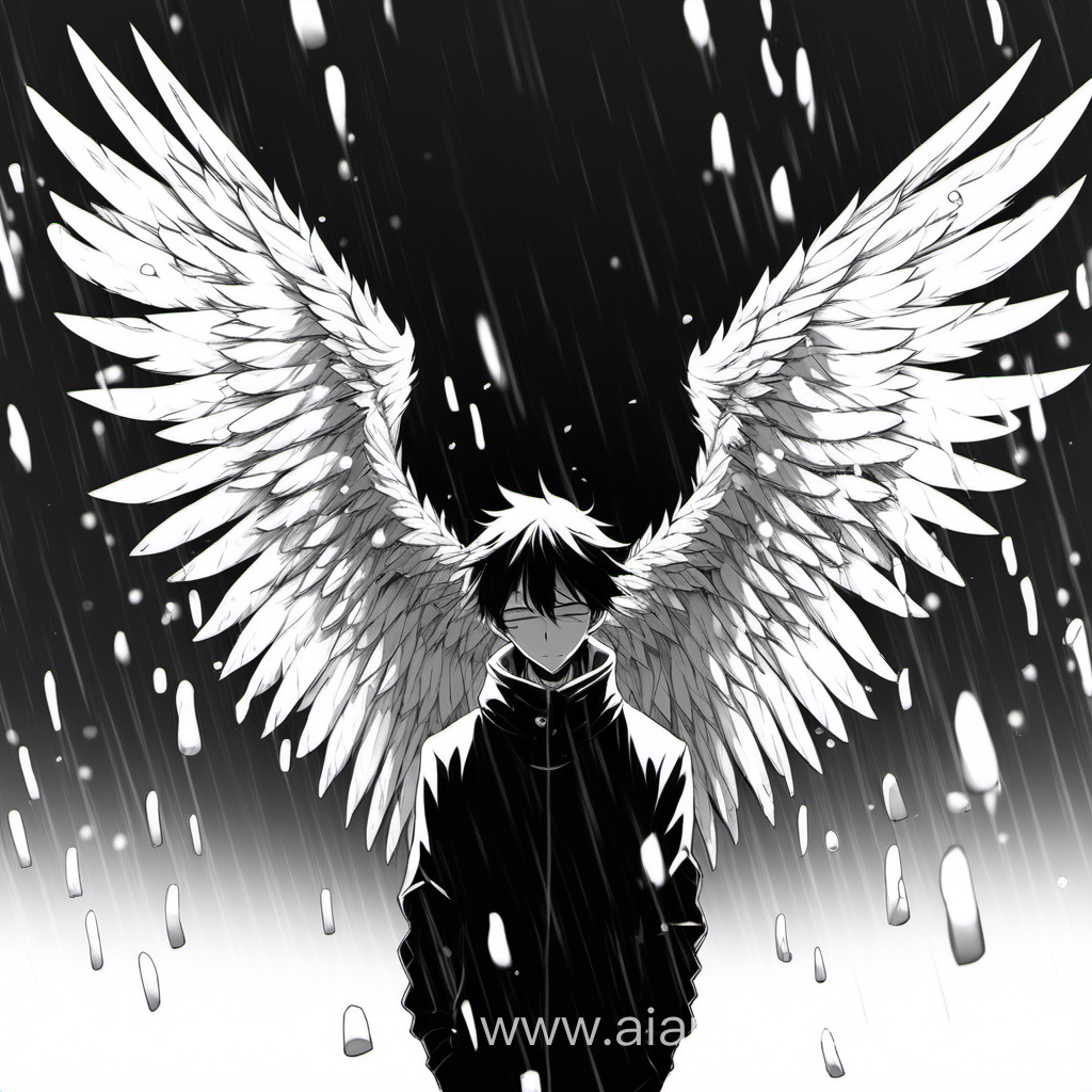 аниме,грусть, черно-белое, мужчина, снег, крылья,поражение,слёзы