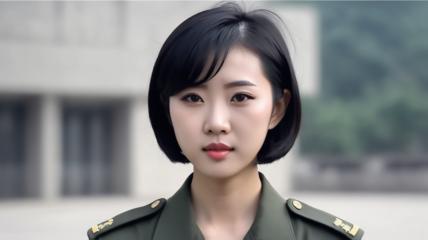 A young Chinese female soldierShort hairBlack hairAnchoring the