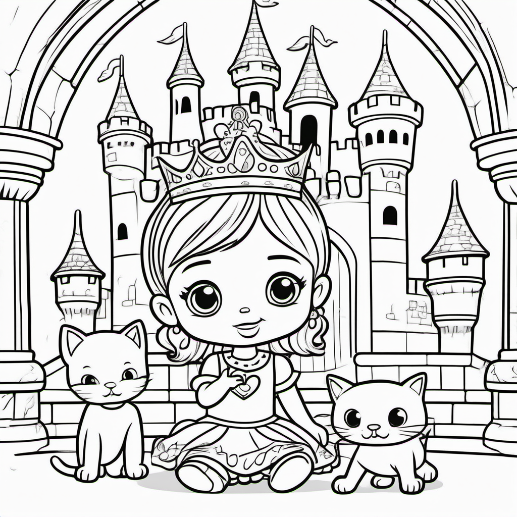 coloring pages for young kids, a toddler princess wearing a crown playing with toys inside her royal nursery with her pet kitty inside a castle,cartoon style, thick lines, low detail, no shading  