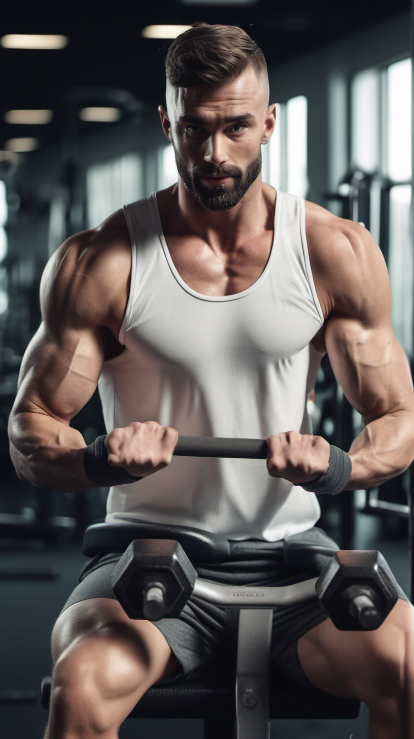 healthy fit man working out in a gym lifting weights with a white top on realistic 4k